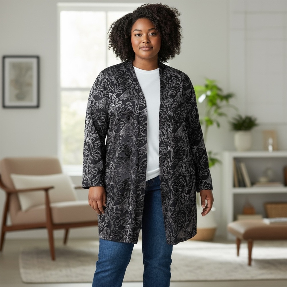 Susan Graver Printed Burnout Velvet Open Front‎ Cardigan Silver Black Plus 1X